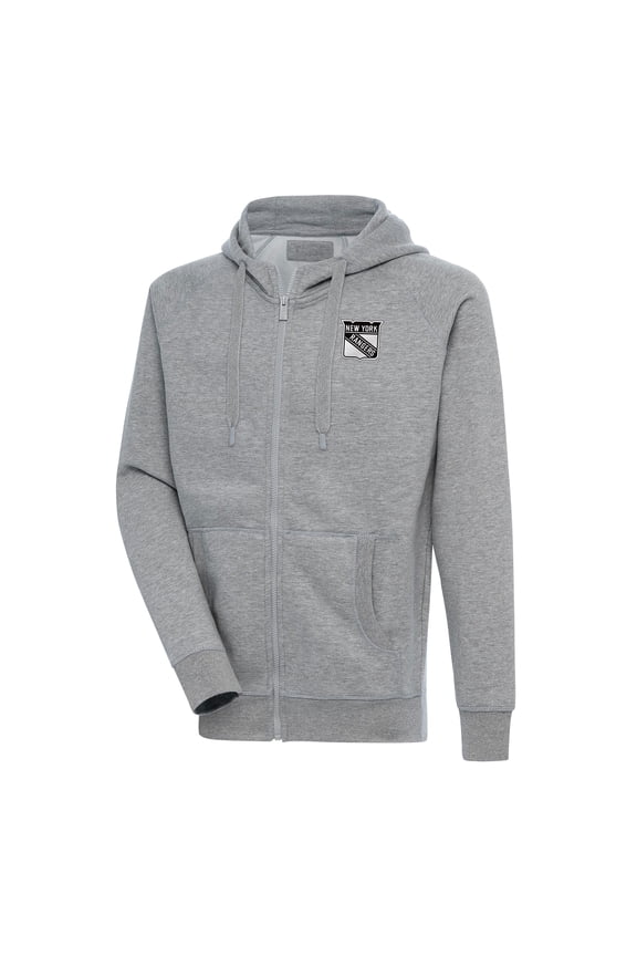 Men's Antigua Heather Gray New York Rangers Metallic Logo Victory Full-Zip Hoodie