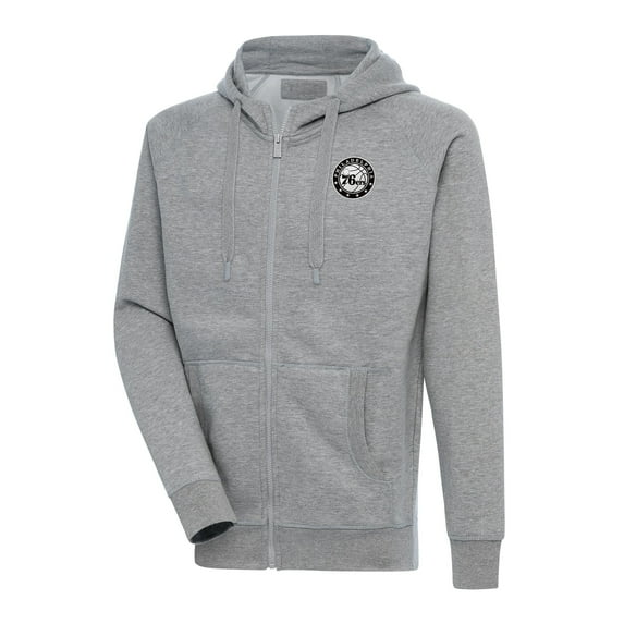Men's Antigua Heather Gray Philadelphia 76ers Metallic Logo Victory Raglan Full-Zip Hoodie