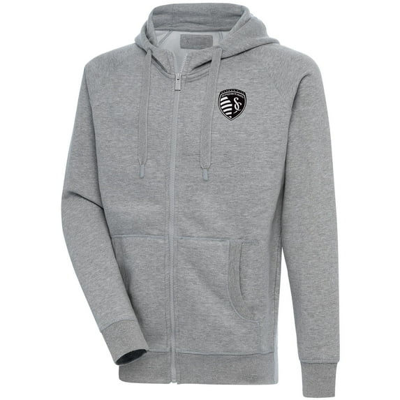 Men's Antigua Heather Gray Sporting Kansas City Brushed Metallic Victory Raglan Full-Zip Hoodie