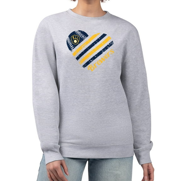 Women's G-III 4Her by Carl Banks Heather Gray Milwaukee Brewers Heart Logo Fleece Pullover Sweatshirt