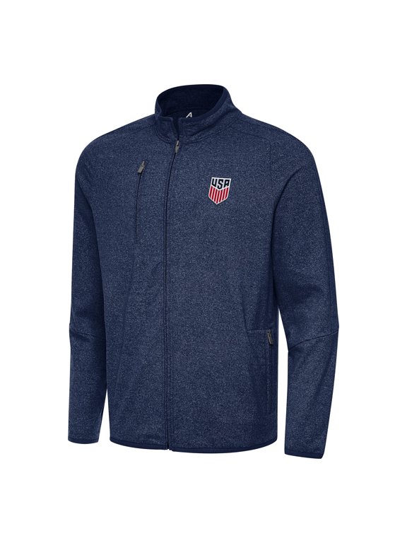 Men's Antigua Heather Navy USMNT Hold-Up Tri-Blend Full-Zip Jacket