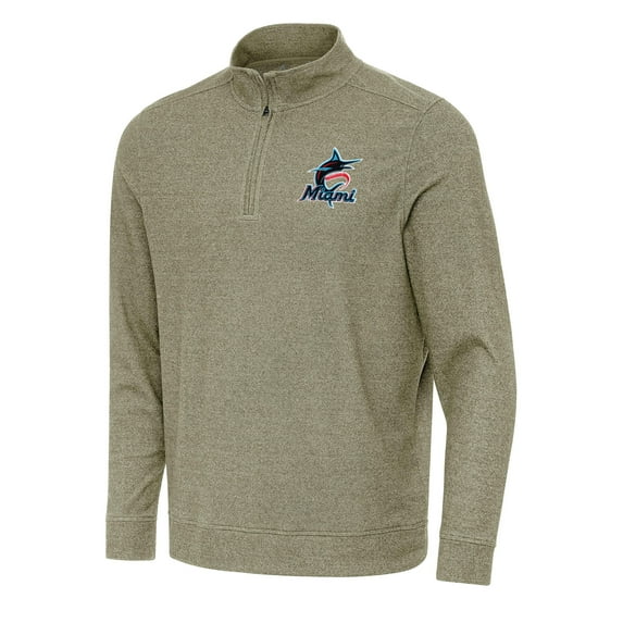 Men's Antigua Heather Olive Miami Marlins Subtle Quarter-Zip Sweatshirt