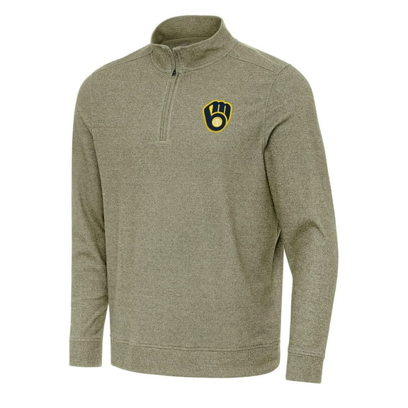 Men's Antigua Heather Olive Milwaukee Brewers Subtle Quarter-Zip Sweatshirt