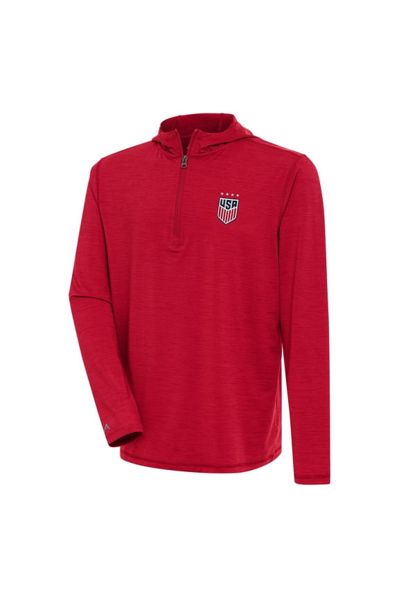 Men's Antigua Heather Red USWNT Tidy Quarter-Zip Hoodie