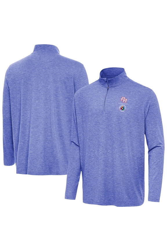Men's Antigua Heather Royal Puerto Rico Baseball 2026 World Baseball Classic Direct to Film Hunk Quarter-Zip Pullover