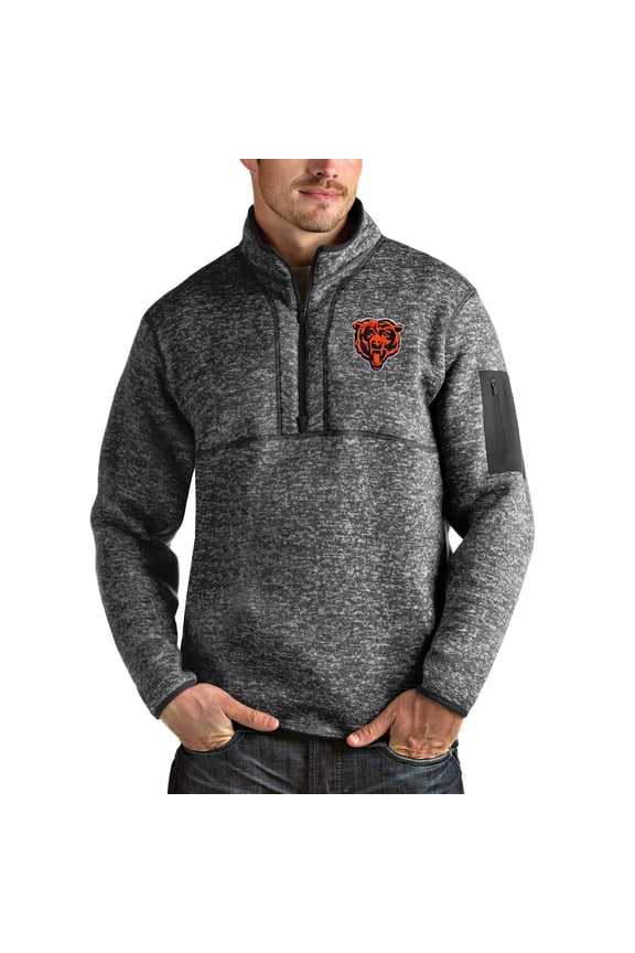 Men's Antigua Heathered Charcoal Chicago Bears Bear Head Fortune Quarter-Zip Pullover Jacket