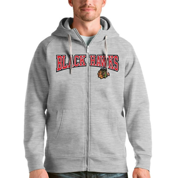 Men's Antigua Heathered Gray Chicago Blackhawks Wordmark Victory Full-Zip Hoodie
