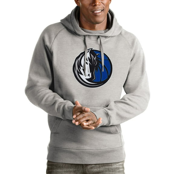 Men's Antigua Heathered Gray Dallas Mavericks Logo Victory Pullover Hoodie
