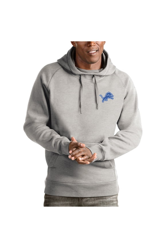 Men's Antigua Heathered Gray Detroit Lions Logo Victory Pullover Hoodie
