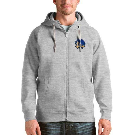 Men's Antigua Heathered Gray Golden State Warriors Logo Victory Full-Zip Hoodie