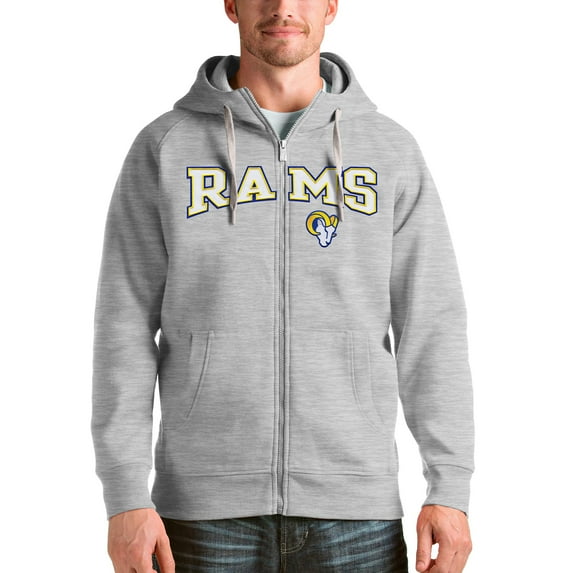 Men's Antigua Heathered Gray Los Angeles Rams Wordmark Victory Full-Zip Hoodie