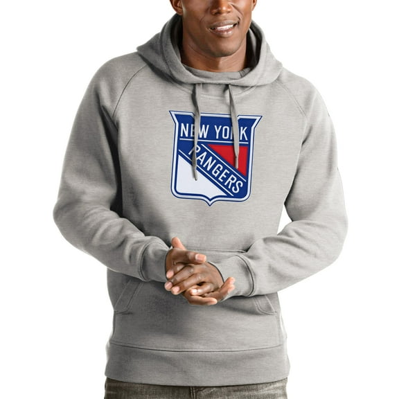 Men's Antigua Heathered Gray New York Rangers Logo Victory Pullover Hoodie