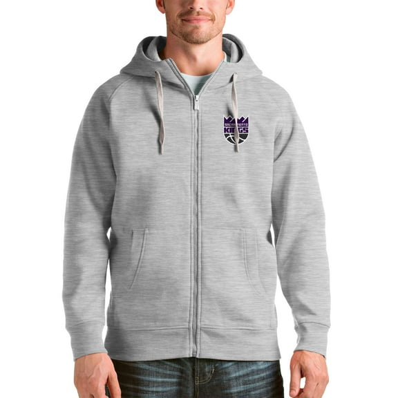 Men's Antigua Heathered Gray Sacramento Kings Logo Victory Full-Zip Hoodie
