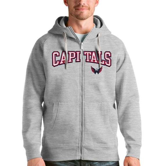 Men's Antigua Heathered Gray Washington Capitals Wordmark Victory Full-Zip Hoodie