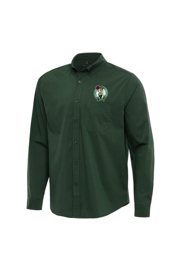 Men's Antigua Hunter Green Boston Celtics Flight Woven Tri-Blend Long Sleeve Button-Down Shirt