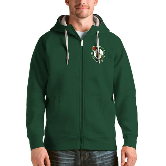 Men's Antigua Hunter Green Boston Celtics Logo Victory Full-Zip Hoodie