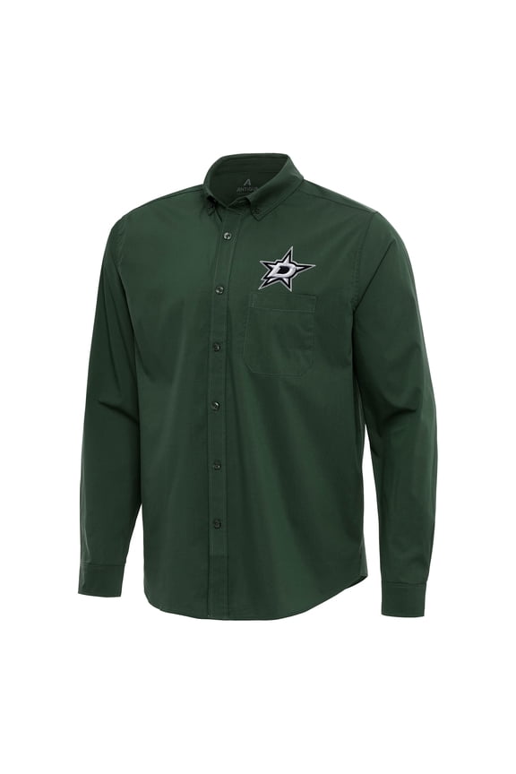 Men's Antigua Hunter Green Dallas Stars Flight Woven Tri-Blend Long Sleeve Button-Down Shirt