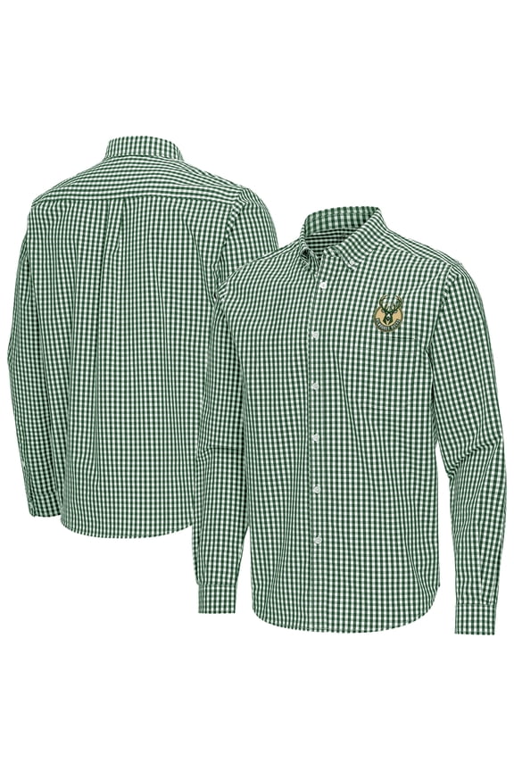Men's Antigua Hunter Green Milwaukee Bucks Ellis Woven Tri-Blend Button-Down Shirt