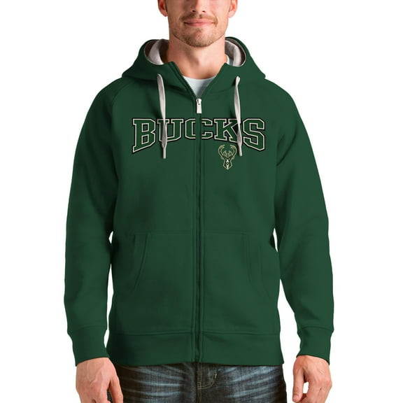 Men's Antigua Hunter Green Milwaukee Bucks Team Victory Full-Zip Hoodie