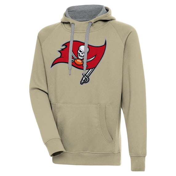Men's Antigua Khaki Tampa Bay Buccaneers Primary Logo Victory Pullover Hoodie