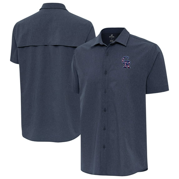 Men's Antigua Navy Colorado Rockies Activate Stars and Stripes Team Logo Short Sleeve Button-Up Shirt