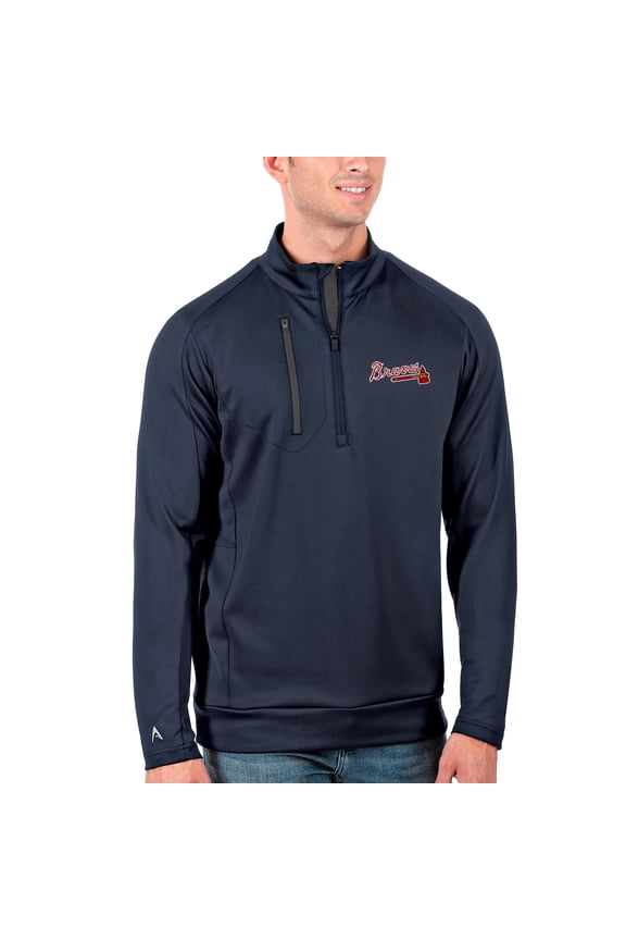 Men's Antigua Navy/Gray Atlanta Braves Generation Quarter-Zip Pullover Jacket