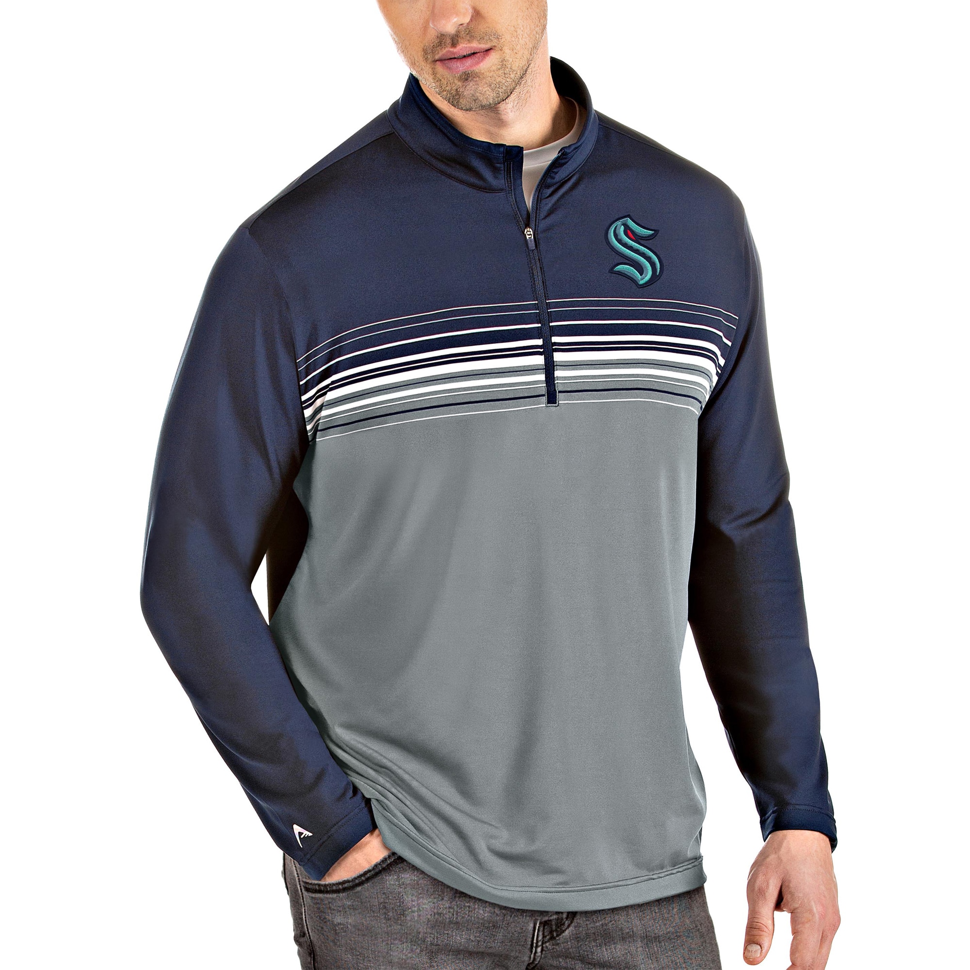 Men's Antigua Navy/Gray Seattle Kraken Pace Quarter-Zip Pullover Top ...