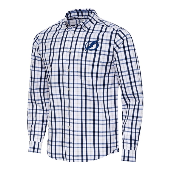 Men's Antigua Navy/Gray Tampa Bay Lightning Tending 2 Button-Down Long Sleeve Shirt