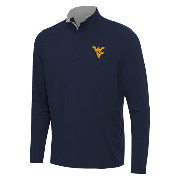 Men's Antigua Navy/Gray West Virginia Mountaineers Content Quarter-Zip Pullover Top