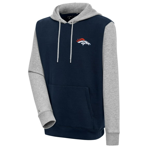 Men's Antigua  Navy/Heather Gray Denver Broncos Victory Colorblock Pullover Hoodie