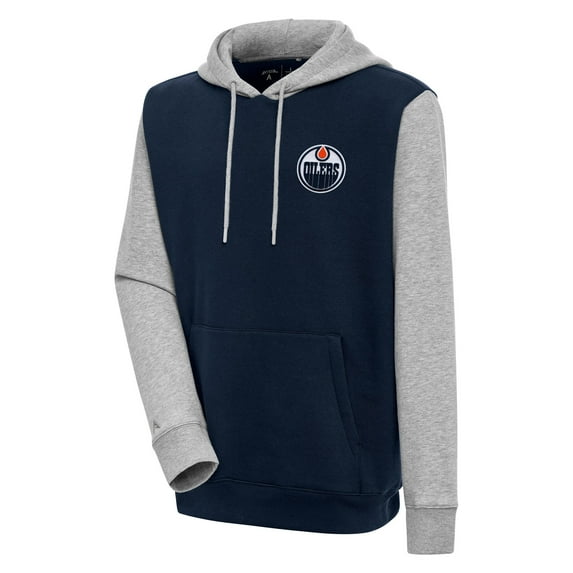 Men's Antigua Navy/Heather Gray Edmonton Oilers Victory Colorblock Pullover Hoodie