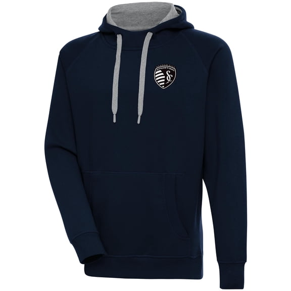 Men's Antigua Navy Sporting Kansas City Brushed Metallic Victory Raglan Pullover Hoodie