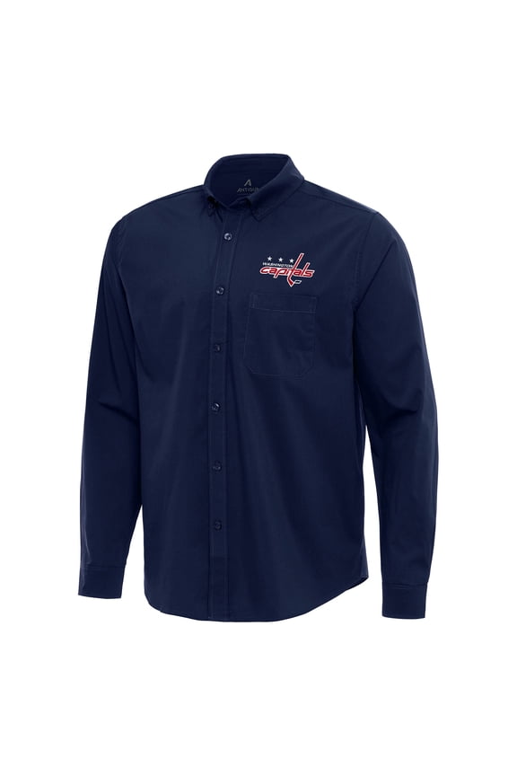 Men's Antigua Navy Washington Capitals Flight Woven Tri-Blend Long Sleeve Button-Down Shirt