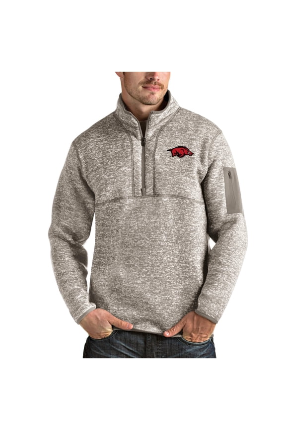 Men's Antigua Oatmeal Arkansas Razorbacks Fortune Half-Zip Pullover Jacket