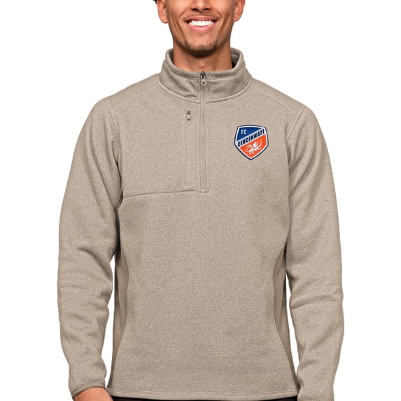 Men's Antigua Oatmeal FC Cincinnati Primary Team Logo Course Quarter-Zip Pullover Top
