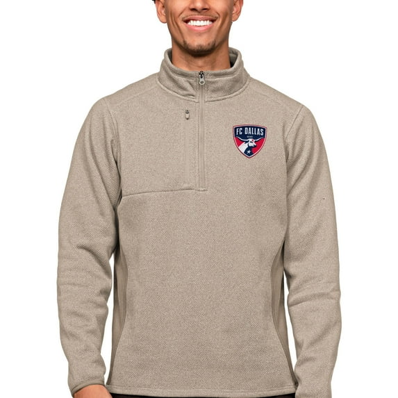 Men's Antigua Oatmeal FC Dallas Primary Team Logo Course Quarter-Zip Pullover Top