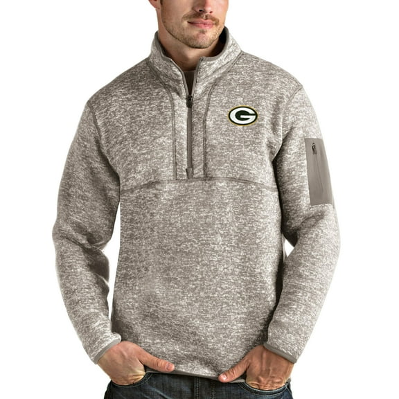 Men's Antigua Oatmeal Green Bay Packers Fortune Quarter-Zip Pullover Jacket