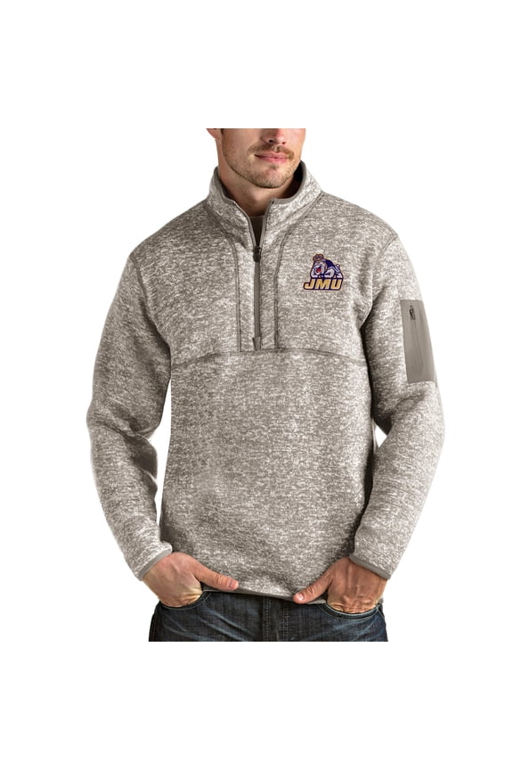 Men's Antigua Oatmeal James Madison Dukes Fortune Half-Zip Pullover Jacket
