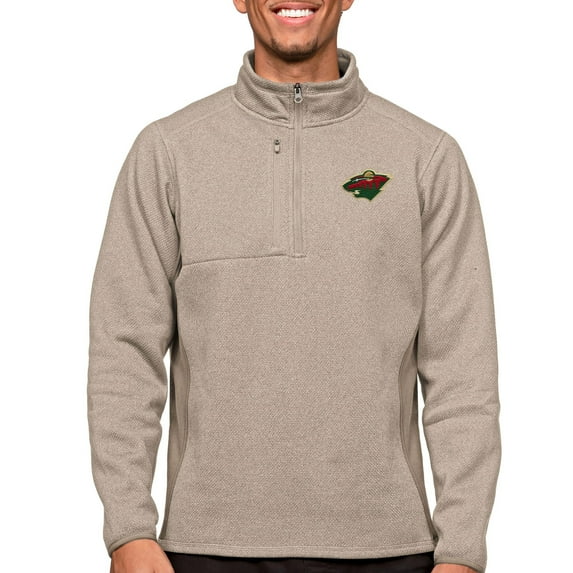 Men's Antigua Oatmeal Minnesota Wild Course Quarter-Zip Pullover Top