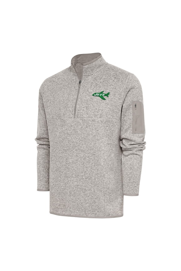 Men's Antigua Oatmeal New York Jets Throwback Fortune Quarter-Zip Pullover Jacket