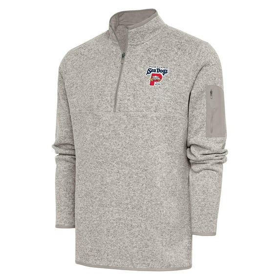 Men's Antigua Oatmeal Portland Sea Dogs Fortune Quarter-Zip Pullover Jacket