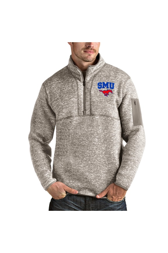 Men's Antigua Oatmeal SMU Mustangs Fortune Half-Zip Pullover Jacket