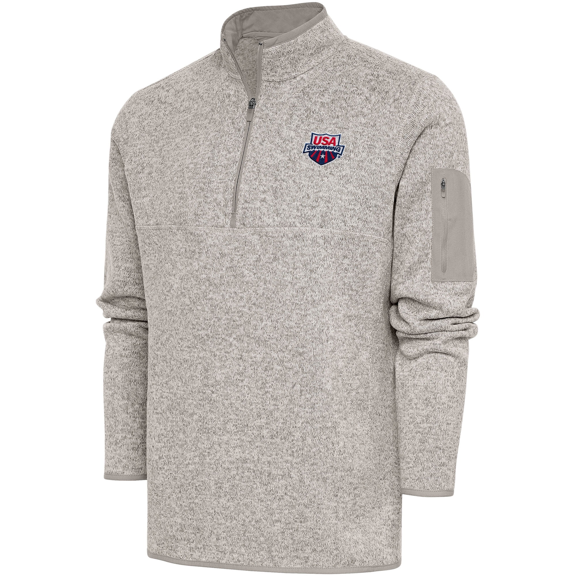 Men's Antigua Oatmeal USA Swimming Fortune Quarter-Zip Pullover
