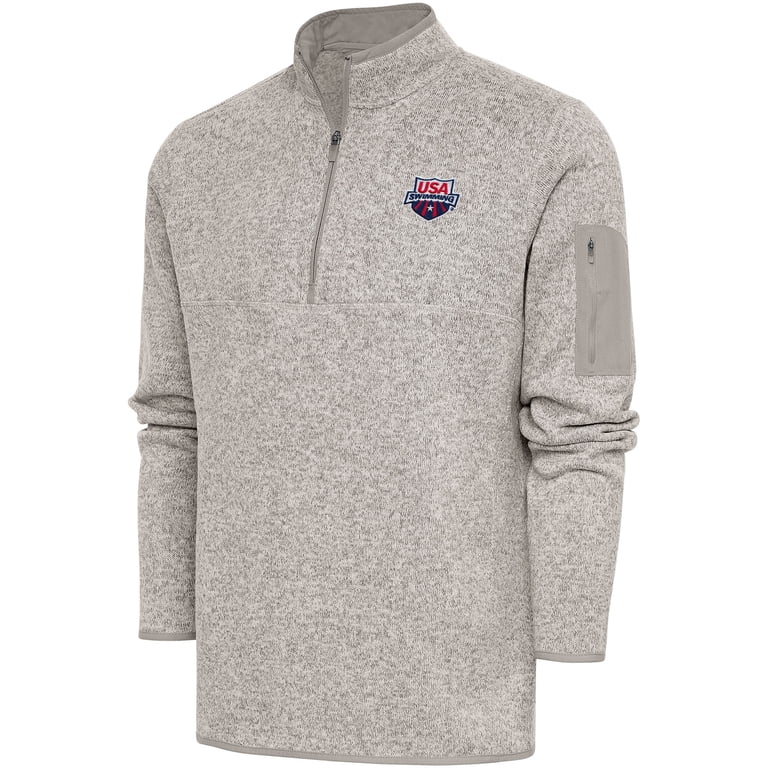 Men's Antigua Oatmeal USA Swimming Fortune Quarter-Zip Pullover