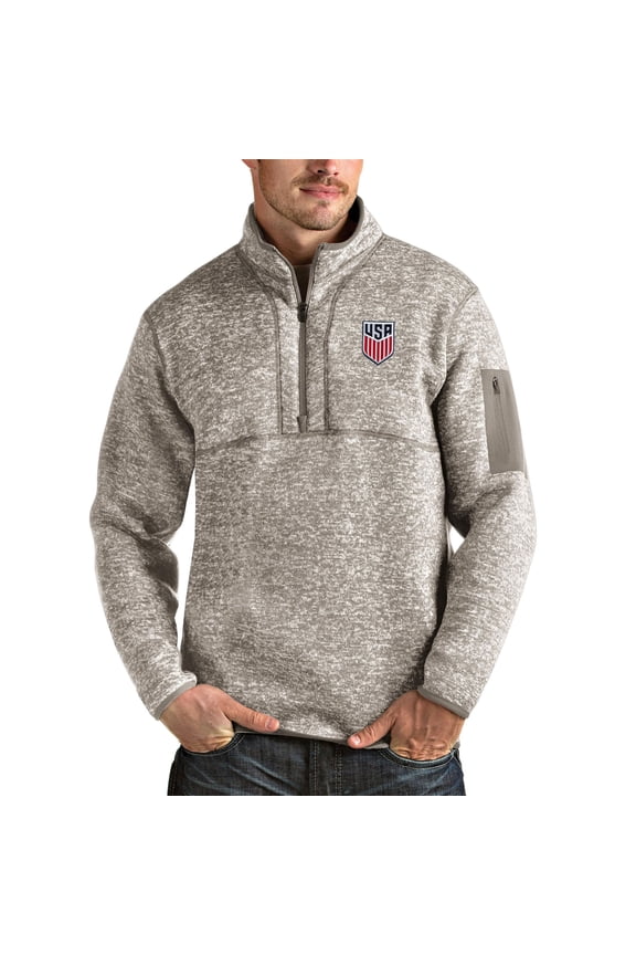 Men's Antigua Oatmeal USMNT Fortune Quarter-Zip Pullover Jacket