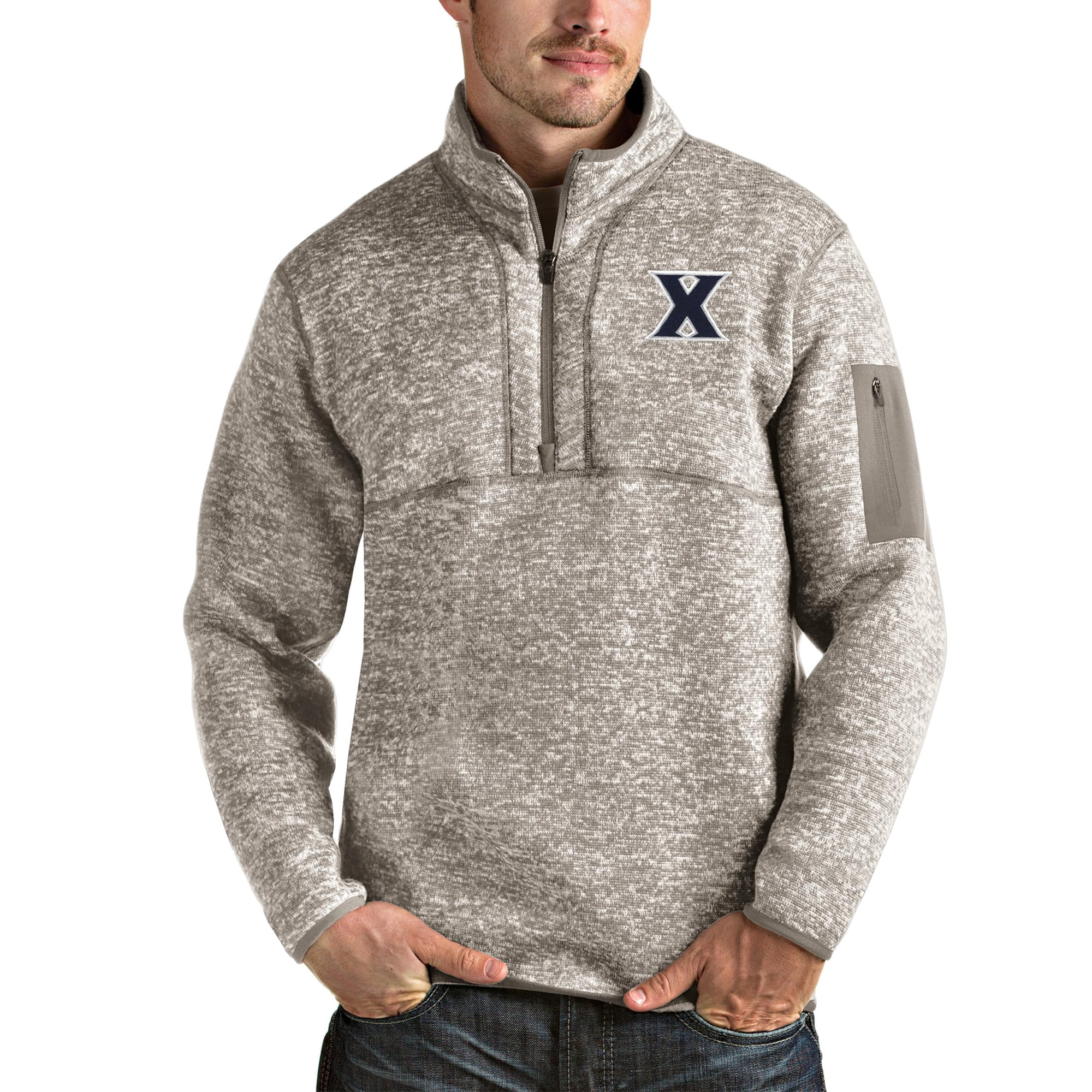 Men's Antigua Oatmeal Xavier Musketeers Fortune Half-Zip Pullover