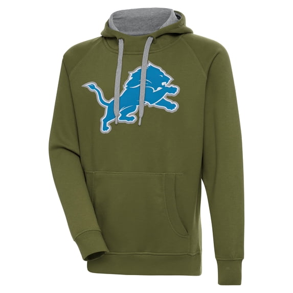 Men's Antigua Olive Detroit Lions Primary Logo Victory Pullover Hoodie