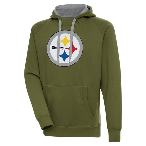 Men's Antigua Olive Pittsburgh Steelers Primary Logo Victory Pullover Hoodie