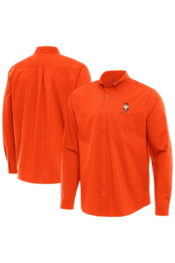 Men's Antigua Orange Clemson Tigers Golfer Flight Tri-Blend Woven Long Sleeve Button-Down Shirt