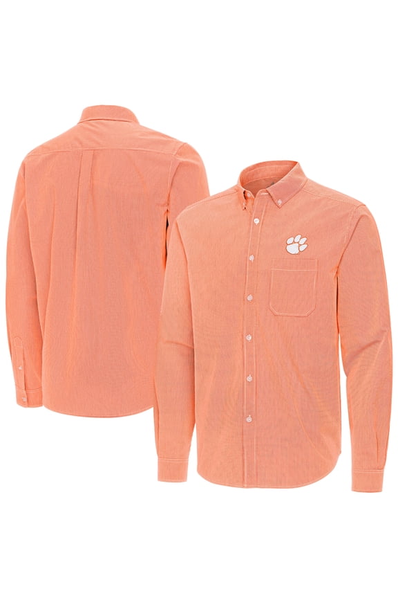 Men's Antigua Orange Clemson Tigers Porter Woven Tri-Blend Long Sleeve Button-Down Shirt